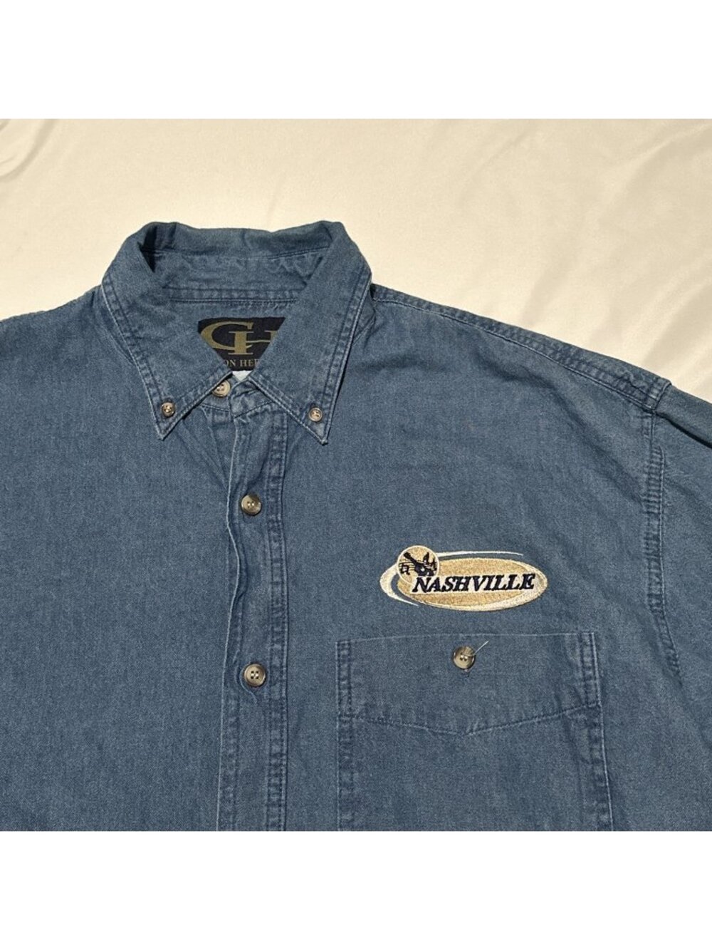 Vintage Nashville Denim Embroidered Trucker Jean Shirt Mens Large 90s USA TN